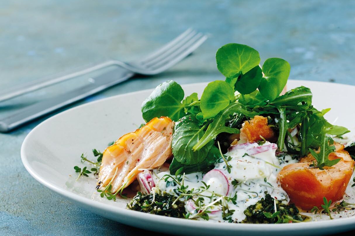 Varmrøget laks med pestosauce og salat af små kartofler, hytteost og radiser