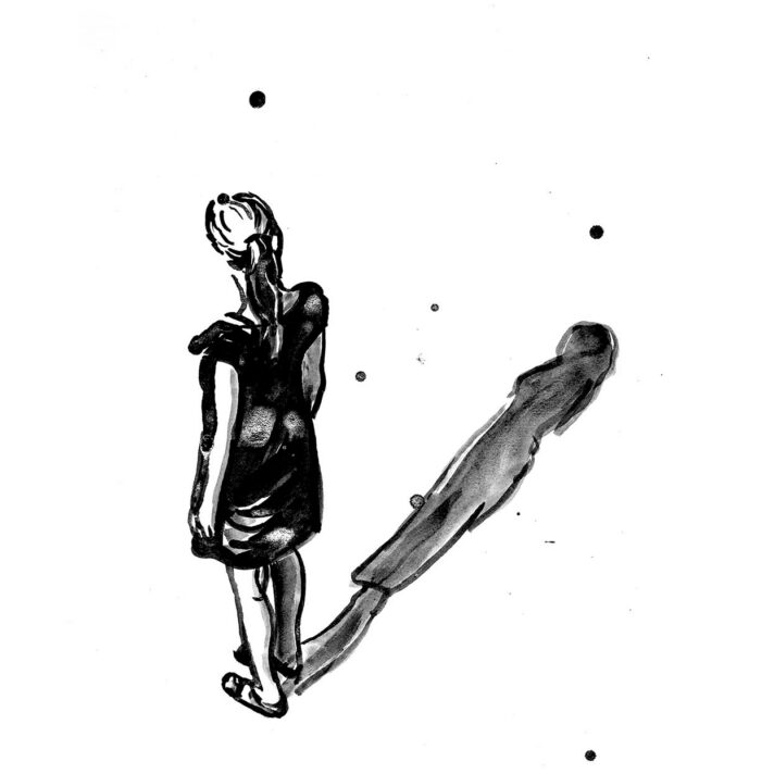 Sort-hvid illustration af en person med en lang skygge