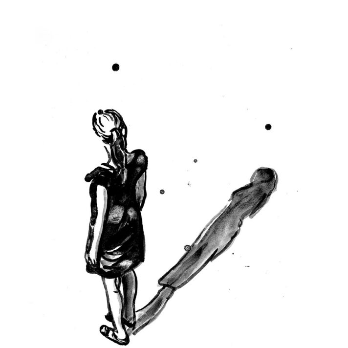 Sort-hvid illustration af en person med en lang skygge