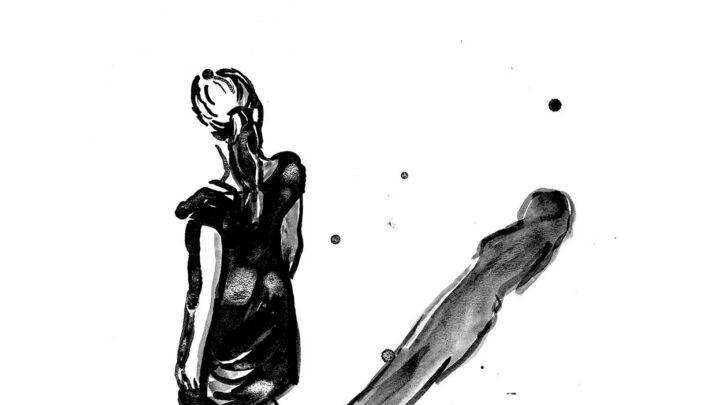Sort-hvid illustration af en person med en lang skygge