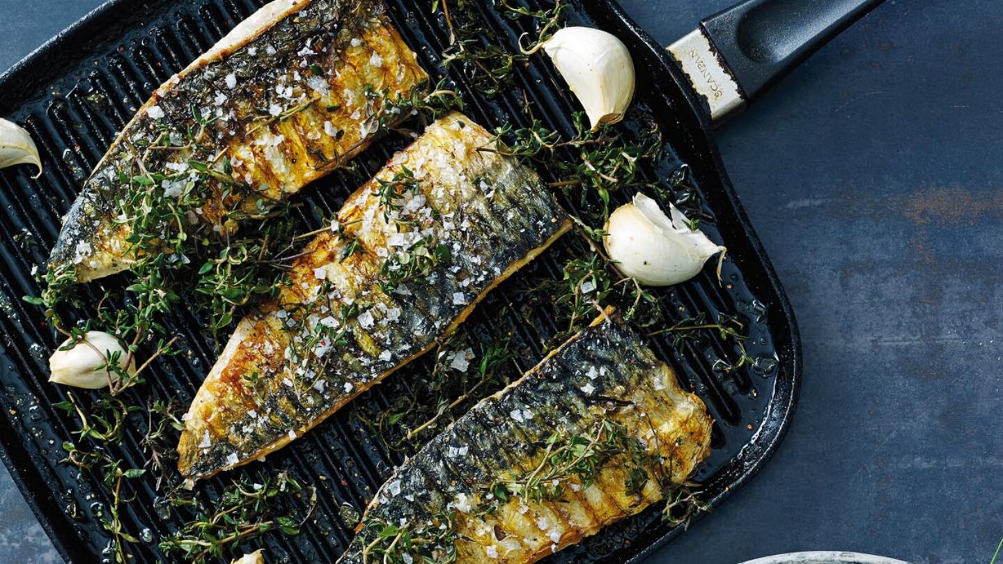 Grillet makrel på grillpande med hvidløg serveret med med sommersalat og brød